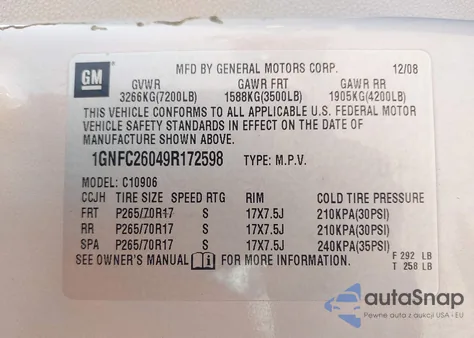 2009 Chevrolet Suburban 1500 Lt2 from USA, damaged, VIN 1GNFC26049R172598